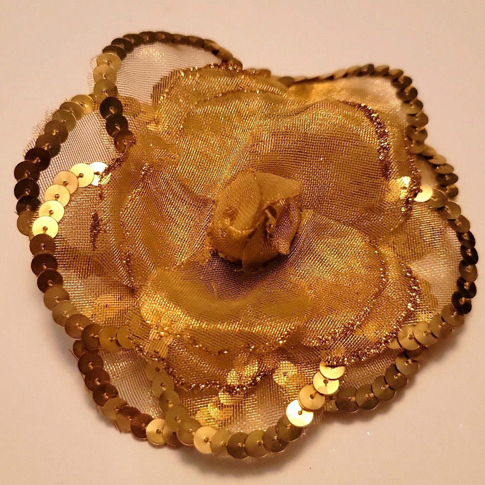 Large Statement Fabric Flower Pin Brooch Hair Clip Embellished with Sequins Gold